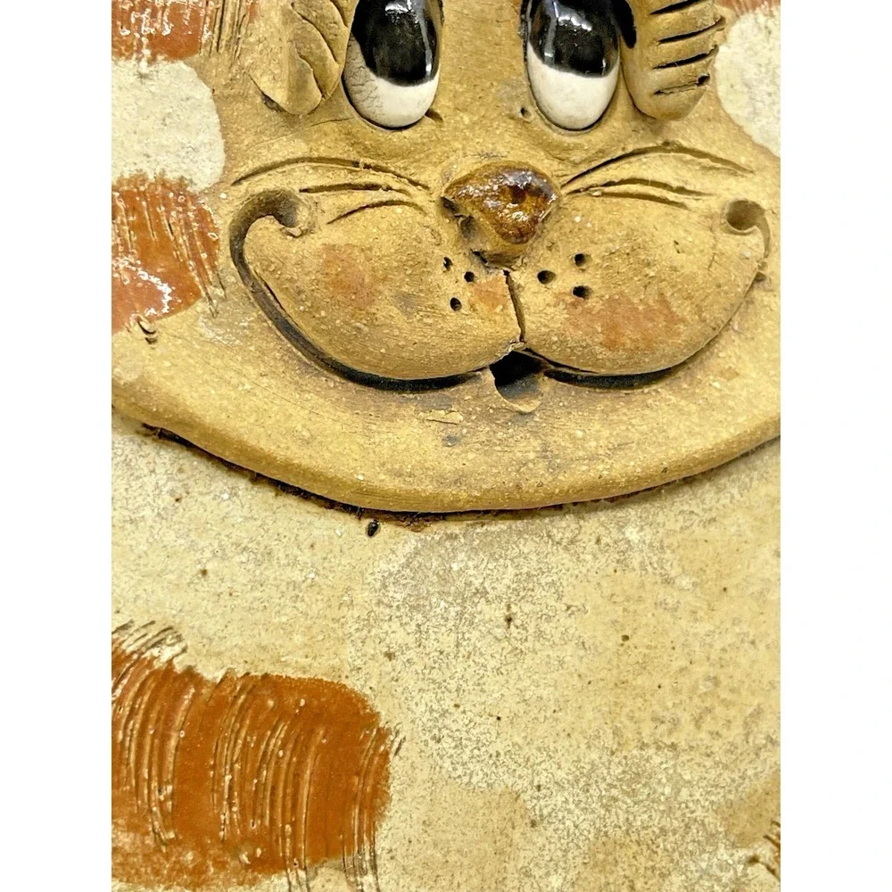 VTG Handmade Pottery Folk Art Tabby Cat Kitten Primitive Clock Rare